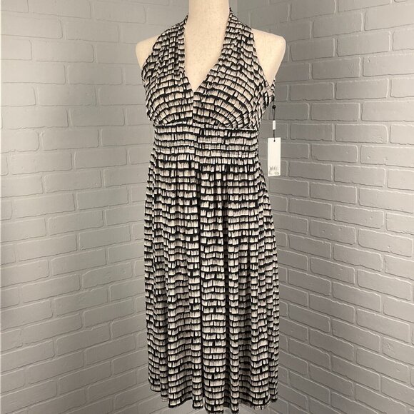 Calvin Klein Dress Women 2 Tan Black Halter Smock‎ Marilyn Monroe Stretch NWT - Picture 1 of 13